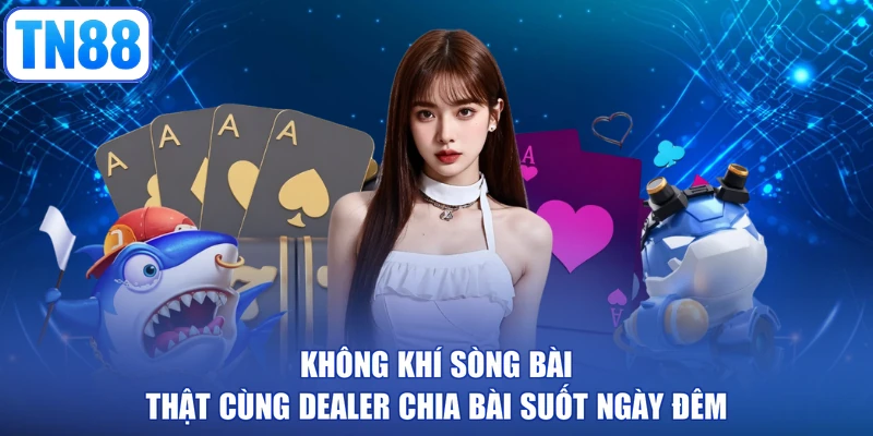 Không khí sòng bài thật cùng dealer chia bài suốt ngày đêm